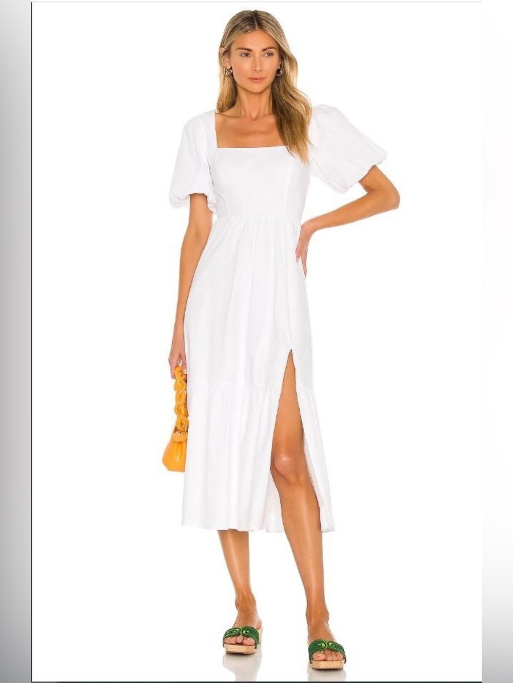 ASTR The Label Revolve White Square-Neck Midi Dress Puff Sleeve Tiered Boho XS